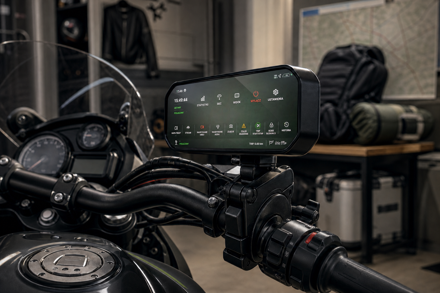 Koncepcyjny widok modułu HUD zamontowanego przy kierownicy motocykla